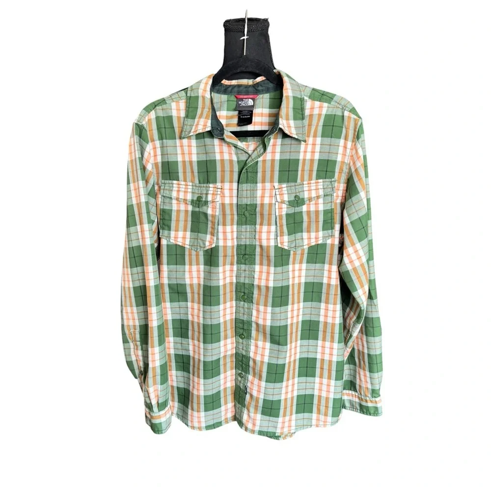 The North Face Plaid Snap Down Shirt Mens Large Green Orange Outdoor Gorpcore
